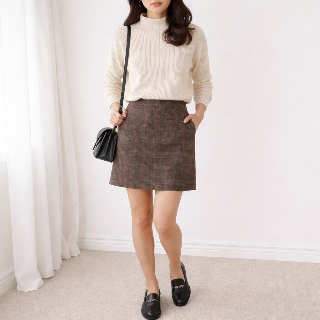 Brown Glen Plaid Worsted Wool Mini Skirt Preppy Academia Tailored A-Line 10p
